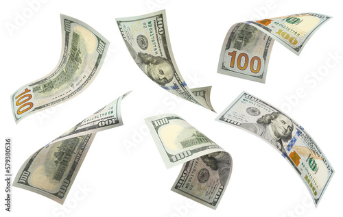Set of flying 100 dollars banknotes, cut out