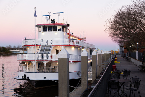 Beautiful red and white riverboat docked at dusk, Savannah, Georgia, USA