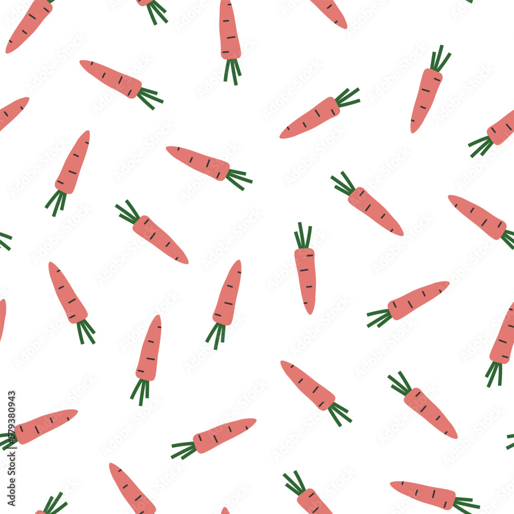 Hand drawn cute spring seamless pattern of carrot with haulm. Flat vector Easter, farm, harvest abstract design print design in doodle style. Repeated background, wrapping or wallpaper.