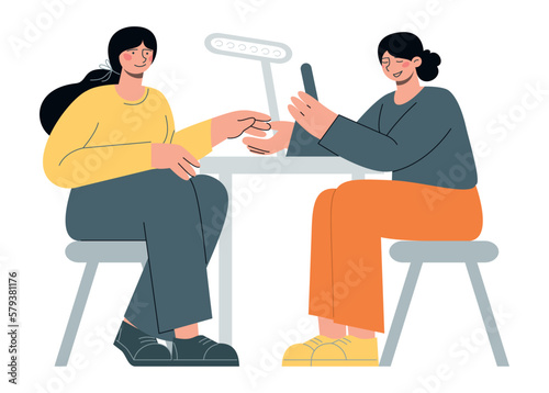 Nail care studio. Two girls sitting and speaking about beauty trends. Flat vector minimalist illustrations