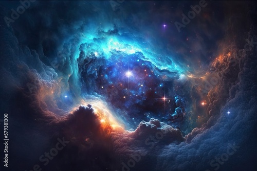 Colorful dark blue and purple nebulae in space. AI technology generated image