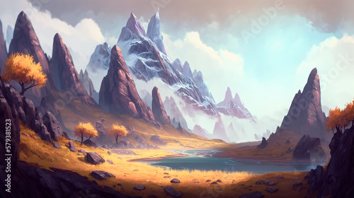 Mountain realistic style. Digital illustration. Artwork, stage design in cartoon style. Natural landscapes. A scene from a video game. Serious digital painting. Generative AI