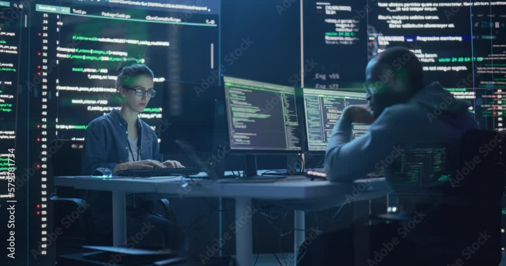 programmers work on computer set. coders programming,... Portrait of Two Programmers Working in a Monitoring Control Room ...