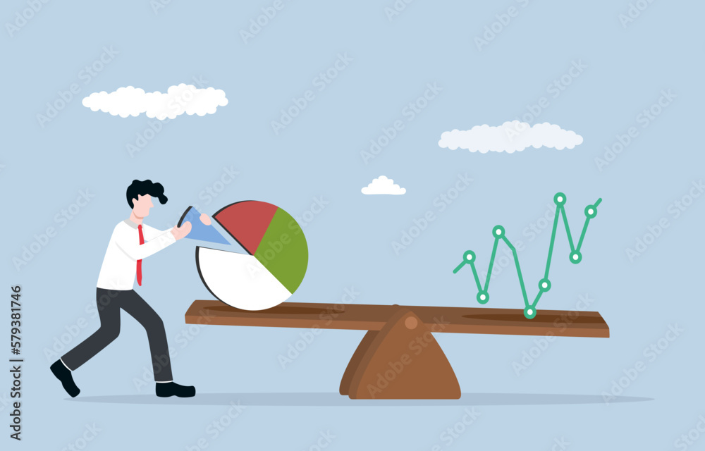 Portfolio rebalancing, readjusting allocation of assets, maintaining level of risk and return, investment goal concept, Businessman readjusting investment pie chart to balance with graph on seesaw. Portfolio rebalancing, readjusting allocation of assets, maintaining level of risk and return, investment goal concept, Businessman readjusting investment pie chart to balance with graph on seesaw.