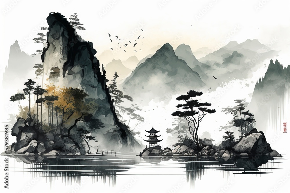 landscape and natural scenery in watercolor style. AI technology generated image