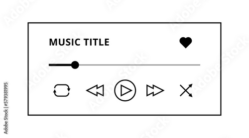Music Player simple vector design with buttons, track and title. Isolated on white audio player interface black and white style
