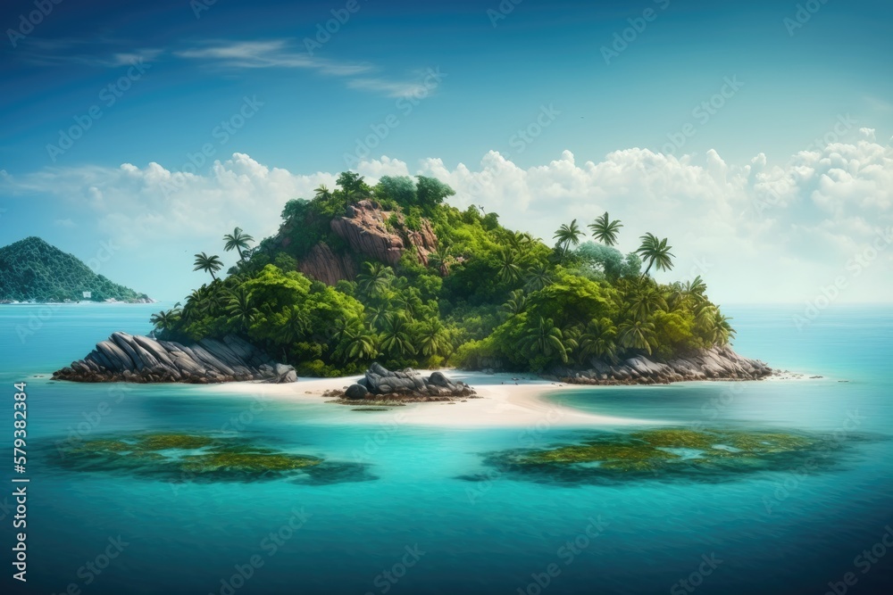 A scenic view of the seashores of certain tropical islands. Expansive view of a tropical island. Scenery along the coast of a tropical island. Marine Island Scenery. Generative AI