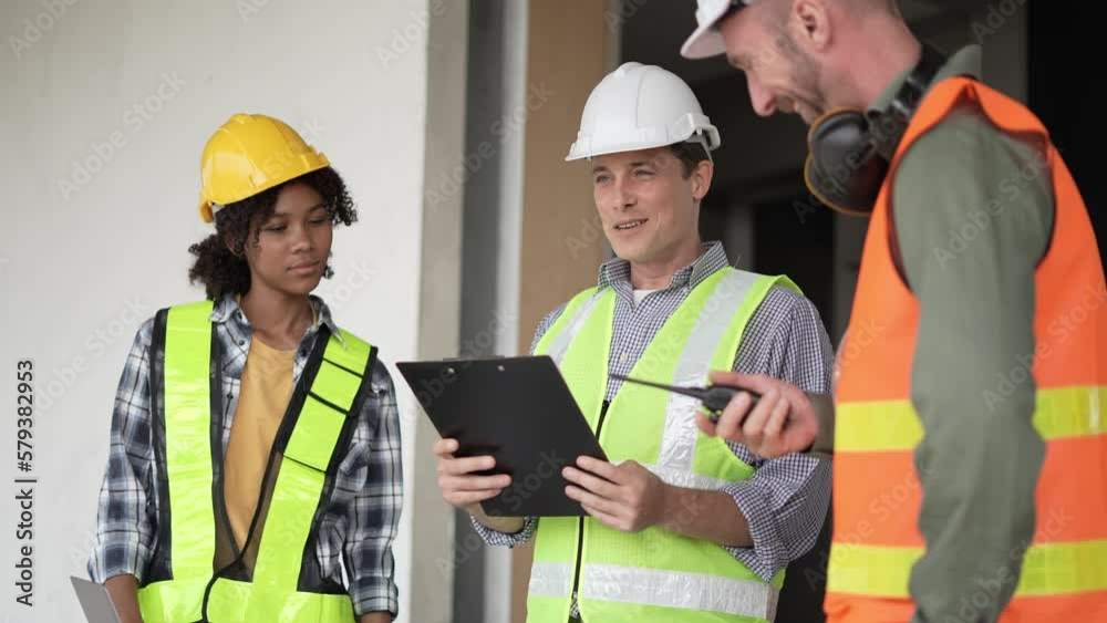 Architects, business manager and engineer meeting project at building site. Architects, business manager and engineer meeting project at building site.
