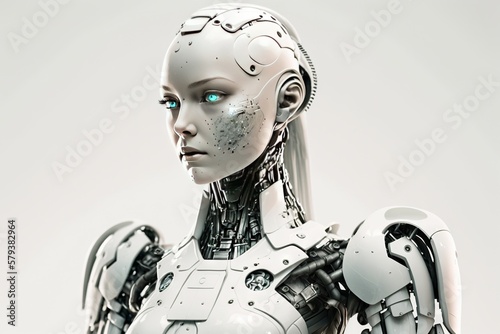 Humanoid Girl Artificial Intelligence with Solid White Background, generated with AI. Suitable for background design, wallpaper, futuristic website, poster, banner.