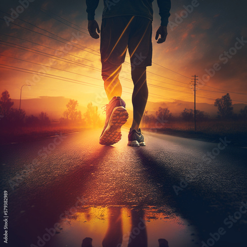 Athletic man walking on a road into the sunset, generative AI 