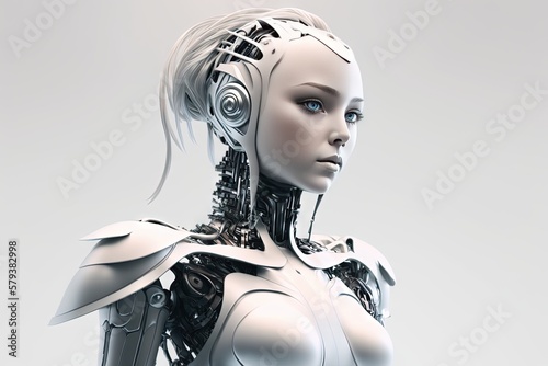 Humanoid Girl Artificial Intelligence with Solid White Background, generated with AI. Suitable for background design, wallpaper, futuristic website, poster, banner.