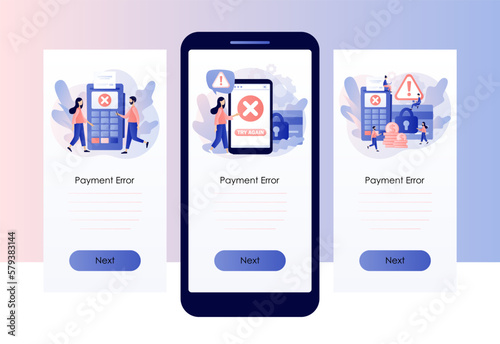 Payment error. Cashless NFC payment transaction canceled. Payment terminal with cross checkmark. Screen template for mobile, smartphone app. Modern flat cartoon style. Vector illustration