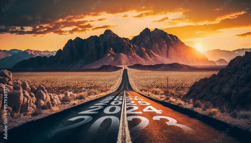 New year 2024 or straight forward road trip travel and future vision and road to success concept