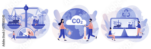 Sustainability concept. Reduce emission CO2. Net zero emissions and carbon dioxide neutral balance. Modern flat cartoon style. Vector illustration on white background