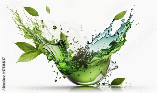 a green liquid splashing out of a cup with leaves. generative ai