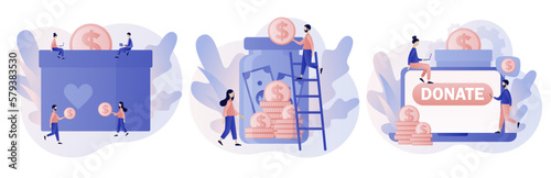 Donation money. Tiny people donating money. Volunteers putting coins in donation box, jar. Online charity, financial support concept. Modern flat cartoon style. Vector illustration on white background