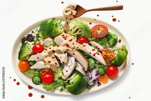 White sesame dressing atop a salad with chicken, cherry tomatoes, and broccoli. Generative AI