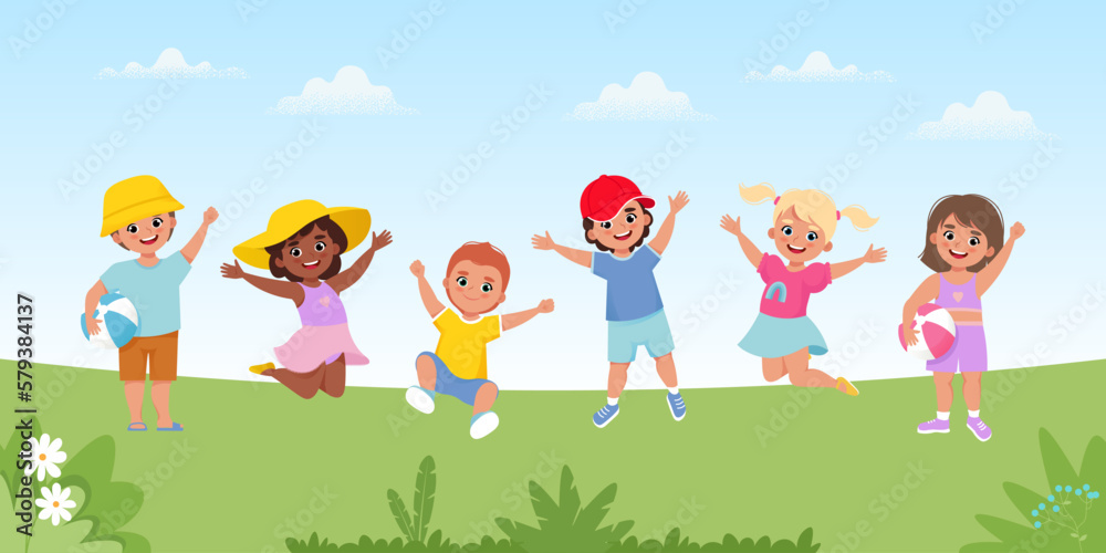 Children jumping at summer background. Happy kids playing, fun, friendship, and childhood concept. Vector illustration in cartoon flat style
