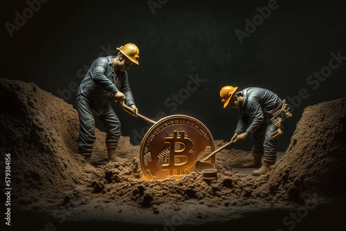 Bitcoin Miner figures digging the ground to find shiny golden coins. Cryptocurrency mining