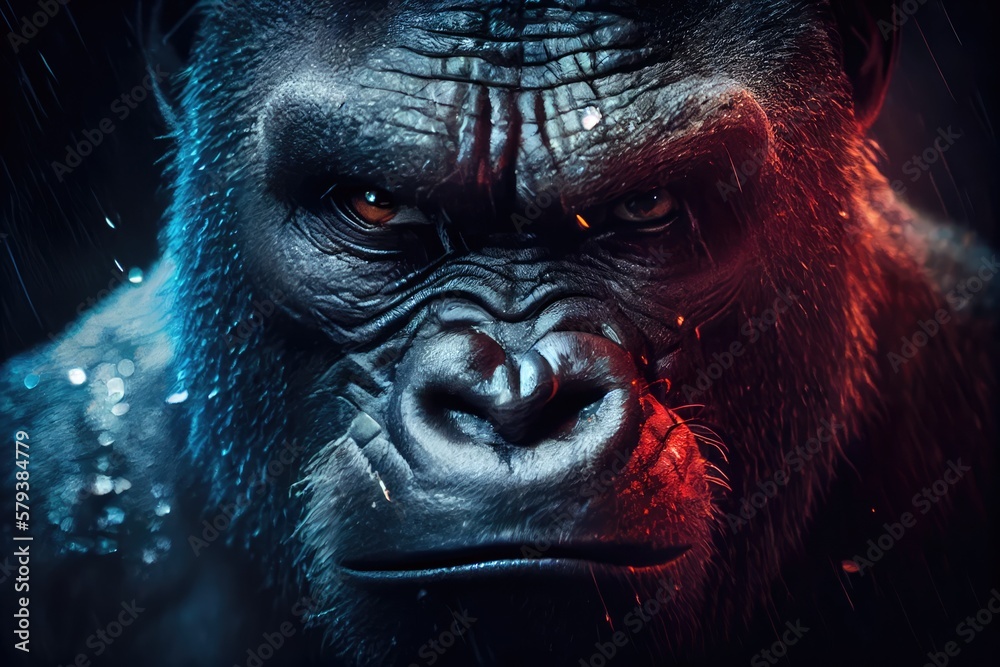 Portrait of a big gorilla in the night, made with generative ai