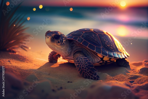 Beautiful sea turtle on the beach in sunset, made with generated ai