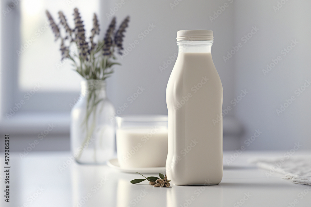 Glass with vegan flax milk on a white table. Generative AI Glass with vegan flax milk on a white table. Generative AI