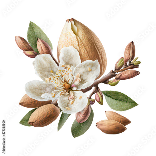 Almond with flower leaves. Generative AI.
