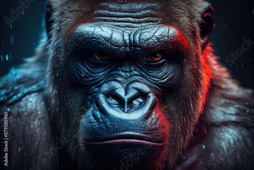 Portrait of an angry gorilla in the night rain, made with generated ai