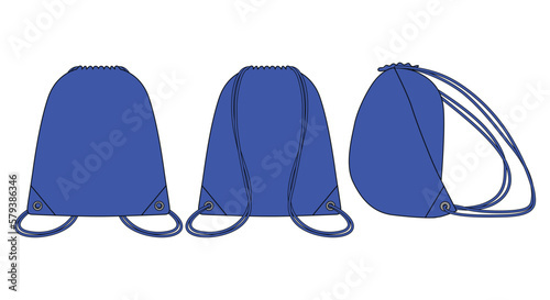 Blank Blue Drawstring Bag Template On White Background.Front, Back and Side View, Vector File