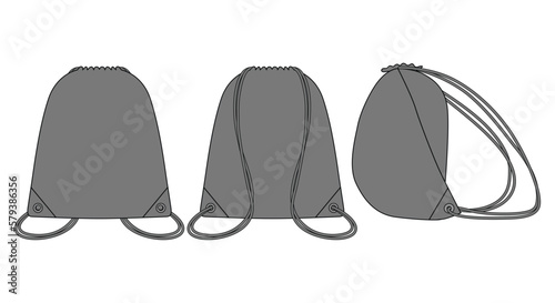 Blank Gray Drawstring Bag Template On White Background.Front, Back and Side View, Vector File