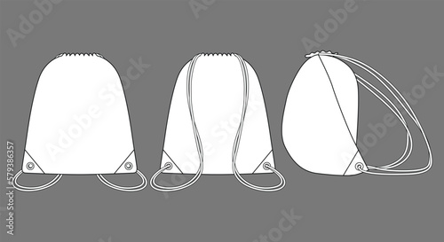 Blank White Drawstring Bag Template on Gray Background. Front, Back, and Side Views, Vector File. photo