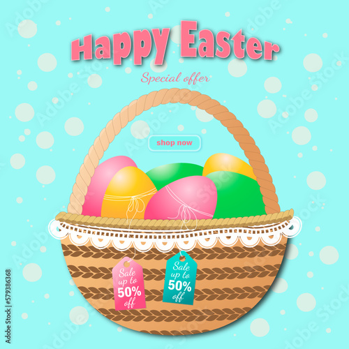 Happy Easter sale banner with basket and eggs. Special offer shop now up to 50% off