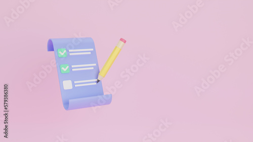 Clipboard and pencil on pink background. Notepad icon. Clipboard task management todo check list, work project plan concept, fast checklist, productivity checklist. 3d rendering