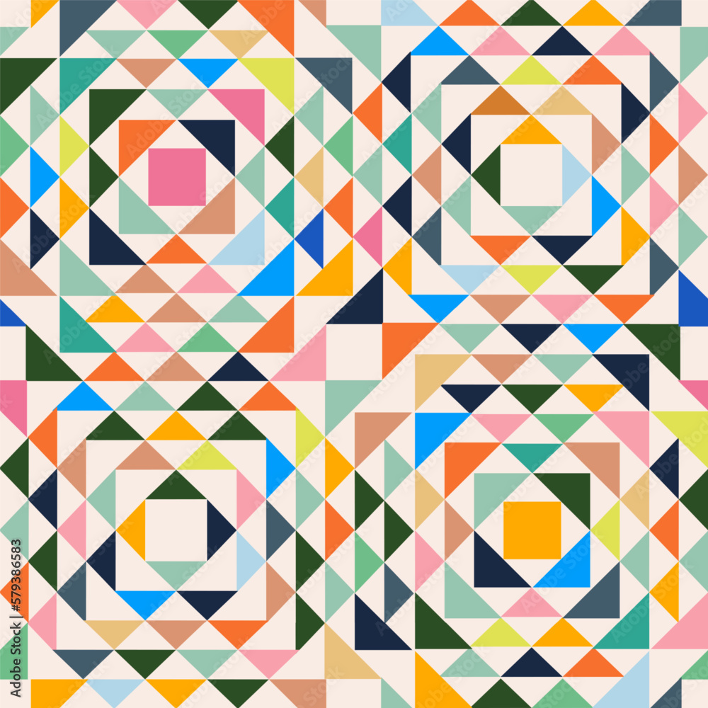 Mid-century geometric abstract pattern with simple shapes and colorful palette for web design, business card, invitation, poster, textile print.