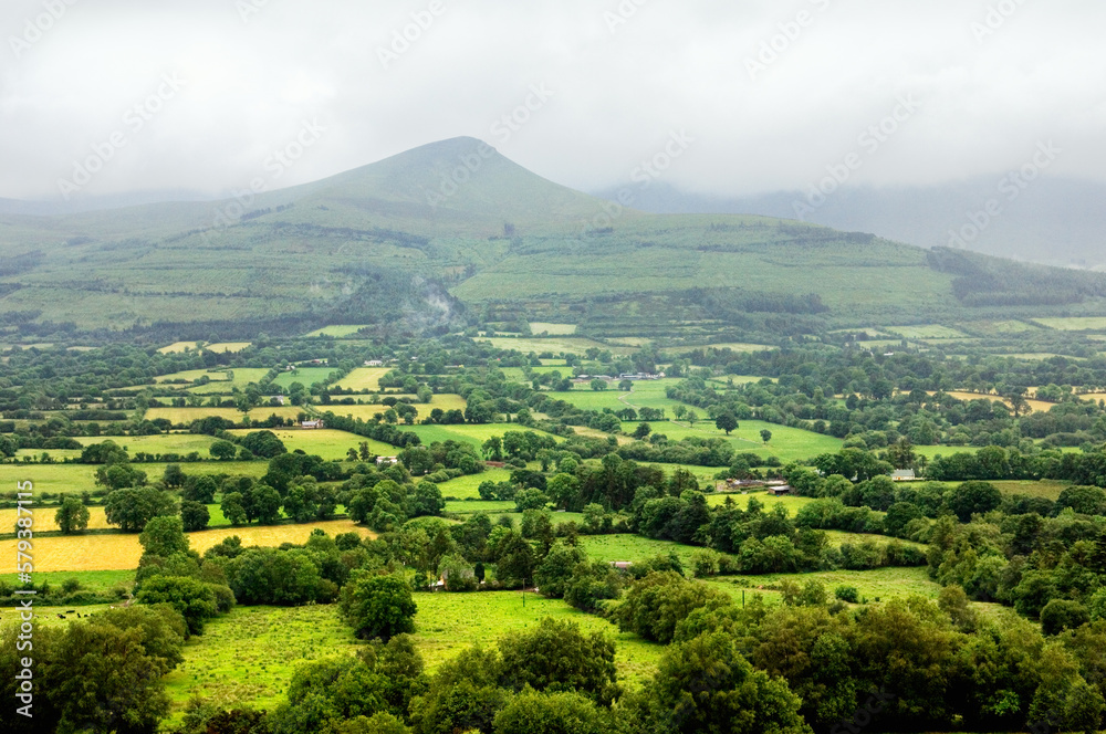 Obraz premium County Tipperary. South across lush green field farmland of the Glen of Aherlow to the Galtee Mountains. Ireland