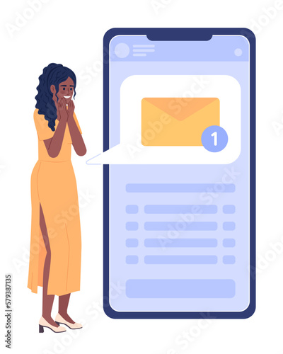 Happy woman receiving new text message on mobile phone flat concept vector spot illustration. Editable 2D cartoon character on white for web design. Creative idea for website, mobile, magazine