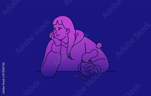 Sad unhappy bored person. Anguish depressed woman in despair feeling sadness, boredom, indifferent to life. Unmotivated girl in depression. Psychology problem concept. Flat vector illustration