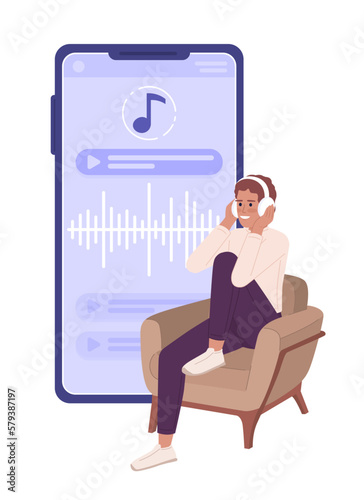 Young man listening to audiobook on mobile phone flat concept vector spot illustration. Editable 2D cartoon character on white for web design. App creative idea for website, mobile, magazine