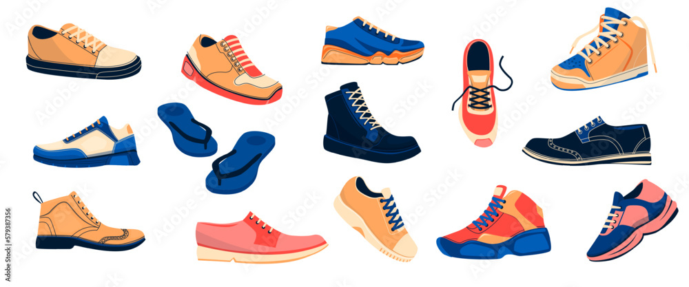Mens shoes collection. Fashionable male sneakers athletic footgear casual and formal boots cartoon flat style, trendy pairs of footwear. Vector isolated set - obrazy, fototapety, plakaty 