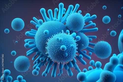 Bacteria. Bacterium. Blue color. Prokaryotic microorganisms. 3d illustration. Copy space. Banner. Generative AI