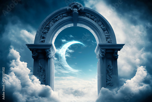 Heavens gate to heaven end of life. Stairway to Heaven. Religious background. Portal among the clouds. Generative AI illustration