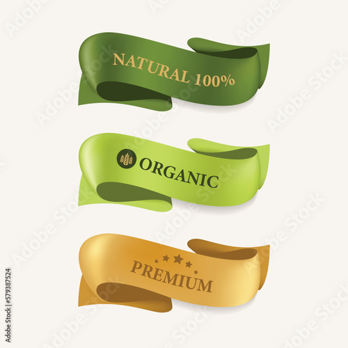 Natural label and organic ribbon green color. vintage labels and badges design. Natural product guaranteed quality. Ribbon banner label vector design.