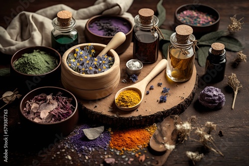 Herbal components in cosmetics perspective from on high wood as a setting. A smattering of dried holistic flowers, salt, oil infused with massage herbs, an aroma dropper, and a spoon. Generative AI