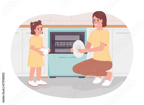Using dishwasher to save water 2D vector isolated spot illustration. Mother with daughter washing plate flat characters on cartoon background. Colorful editable scene for mobile, website, magazine