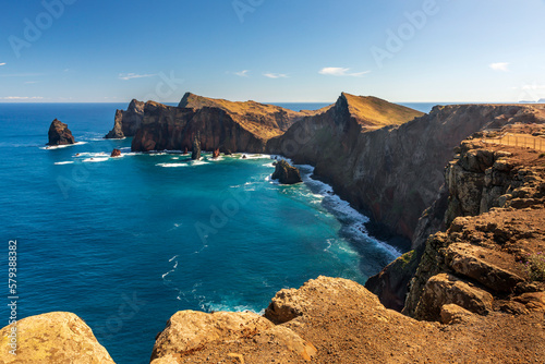 View from Ponta do Rosto on the Ponta de Sao Lourenco peninsular, a popular lookout offering views of the jagged coastline and offshore rock formations at the eastern tip of Madeira. 