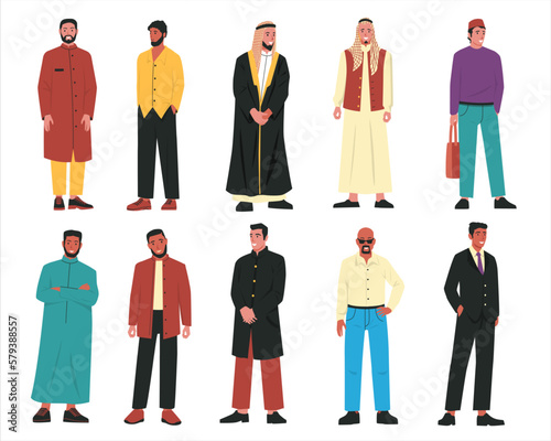 Muslim men. Modern arabic male characters wearing traditional arab clothes and stylish casual outfits, portraits of islamic people. Vector cartoon set