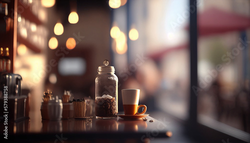 Blurred and unfocused coffee shop background, Generative AI