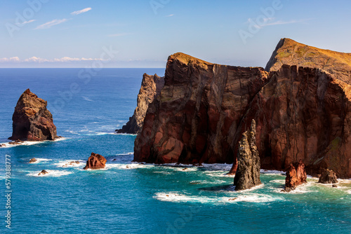 View from Ponta do Rosto on the Ponta de Sao Lourenco peninsular, a popular lookout offering views of the jagged coastline and offshore rock formations at the eastern tip of Madeira.	