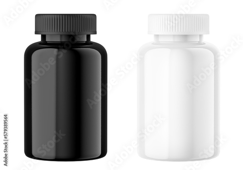 Black white vitamin pills bottle mockup set. PNG plastic jar isolated on transparent background. Medicine container package template. Nutritional supplements realistic 3d render. Product presentation