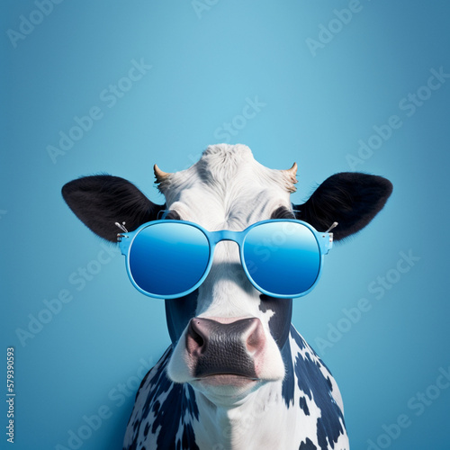 Funny cow with sunglasses in front of blue studio background, generative AI	 photo